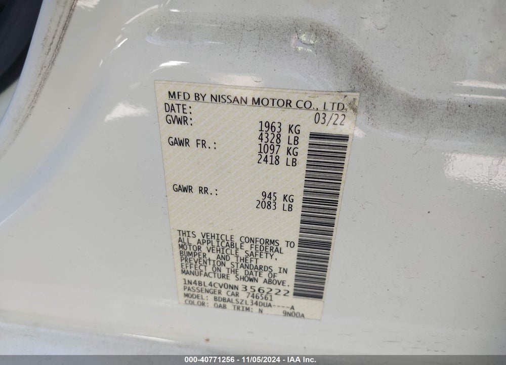 2022 NISSAN ALTIMA SR FWD VIN: 1N4BL4CV0NN356222