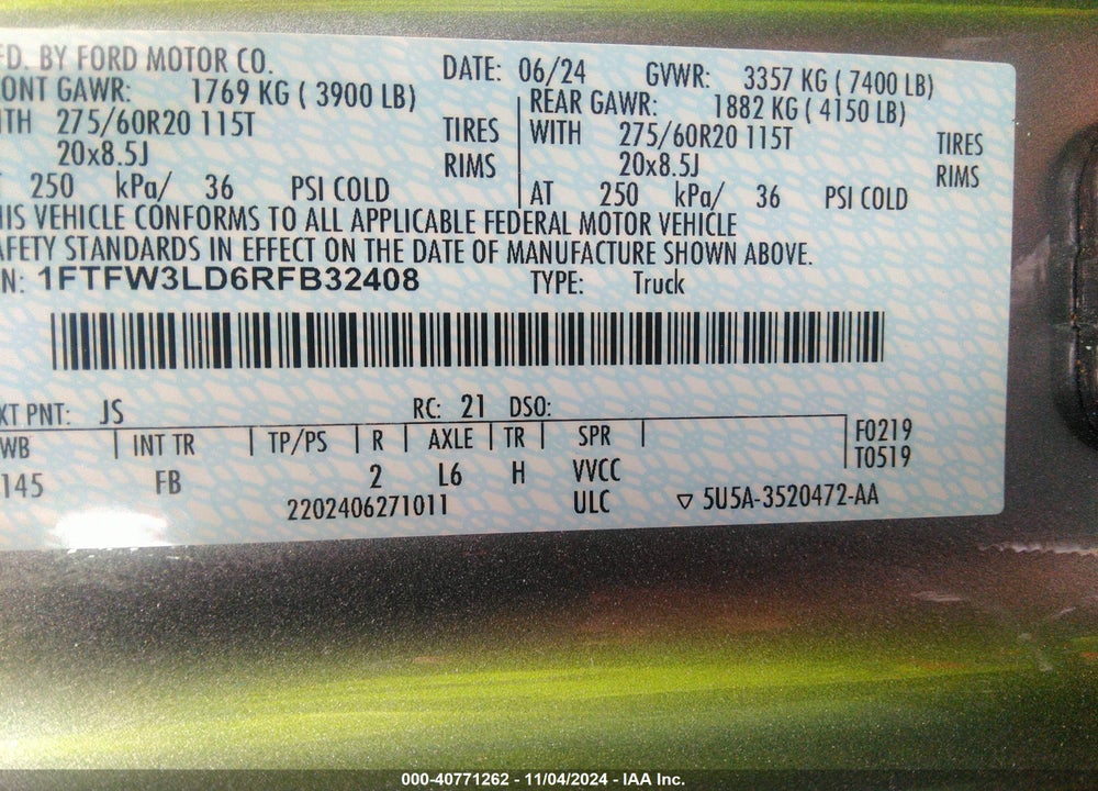 2024 FORD F-150 XLT VIN: 1FTFW3LD6RFB32408