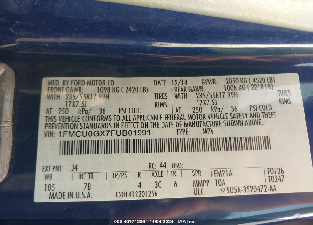2015 FORD ESCAPE SE VIN: 1FMCU0GX7FUB01991