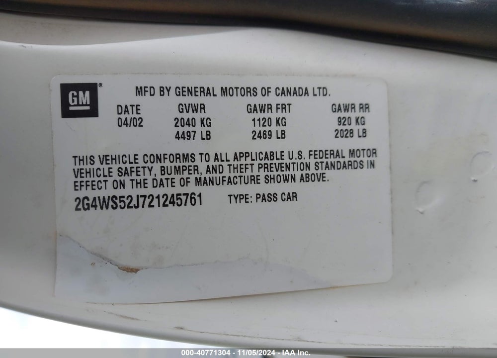 2002 BUICK CENTURY CUSTOM VIN: 2G4WS52J721245761