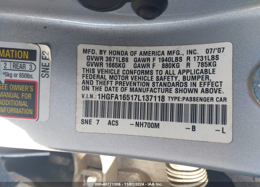 2007 HONDA CIVIC LX VIN: 1HGFA16517L137118
