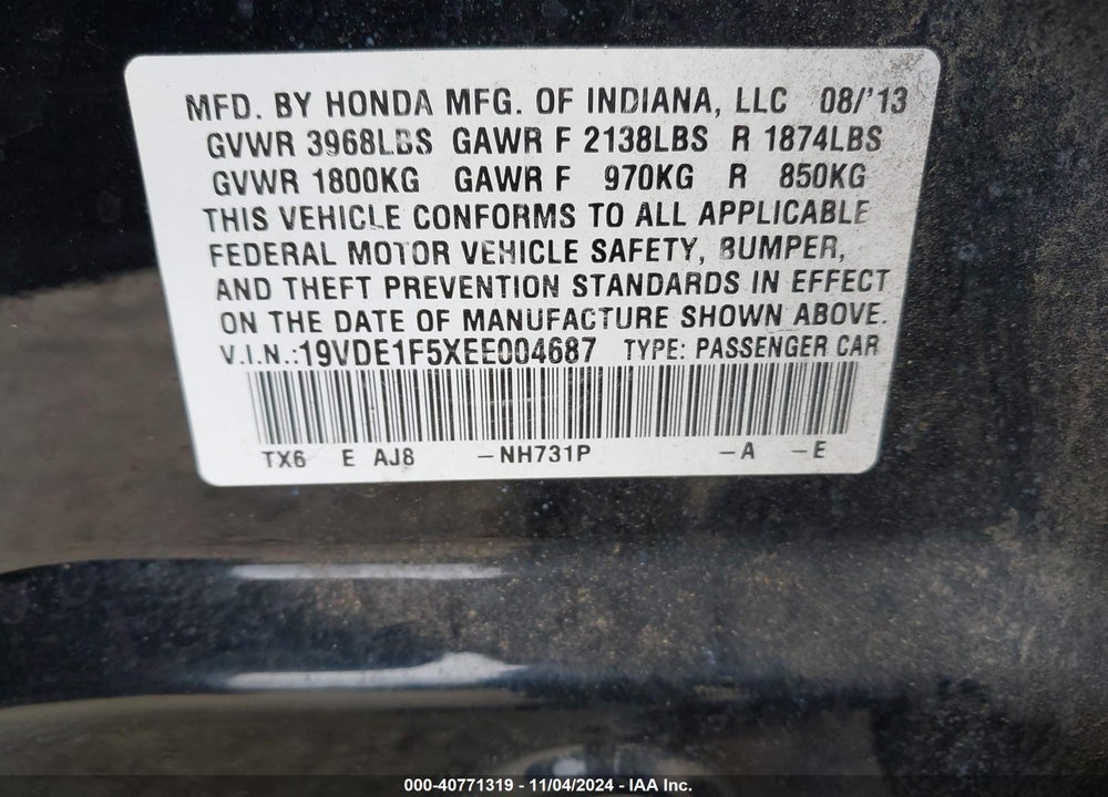 2014 ACURA ILX 2.0L VIN: 19VDE1F5XEE004687