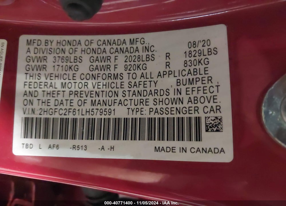 2020 HONDA CIVIC LX VIN: 2HGFC2F61LH579591