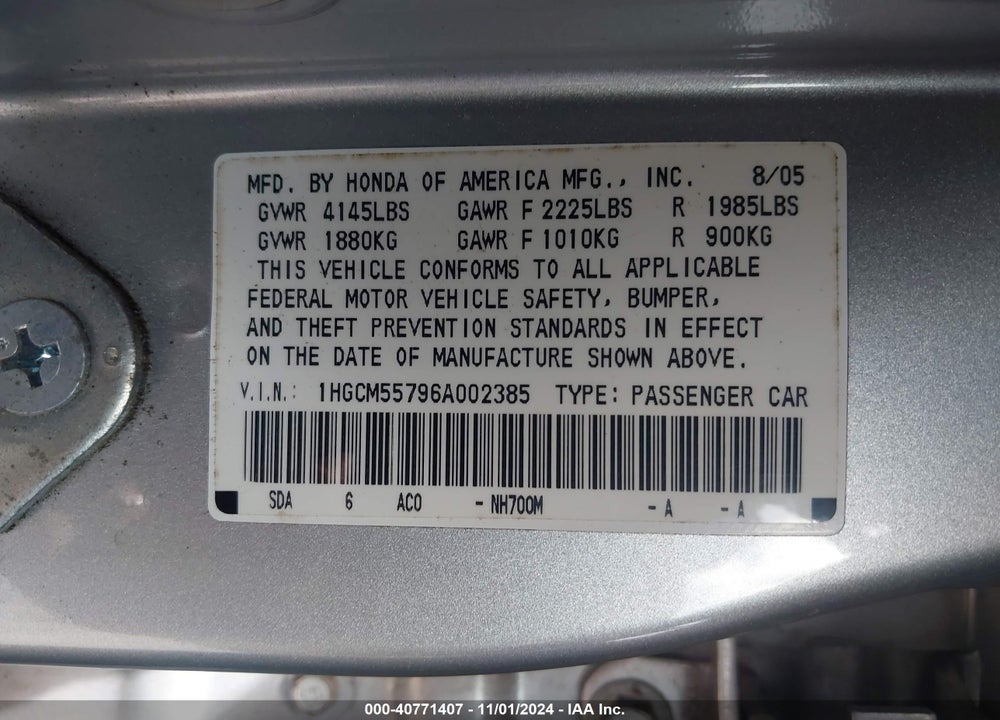 2006 HONDA ACCORD 2.4 EX VIN: 1HGCM55796A002385