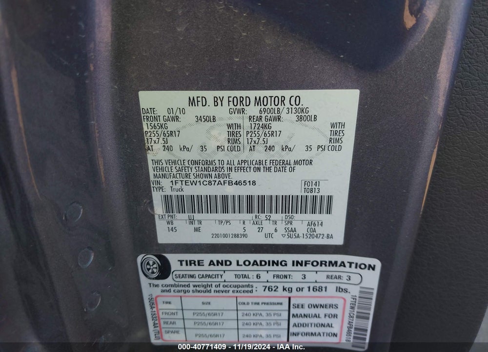 2010 FORD F-150 FX2 SPORT/XL/XLT VIN: 1FTEW1C87AFB46518