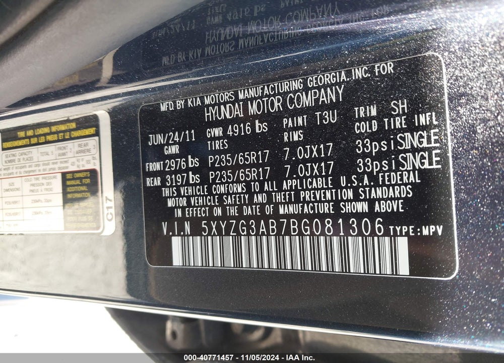 2011 HYUNDAI SANTA FE GLS VIN: 5XYZG3AB7BG081306