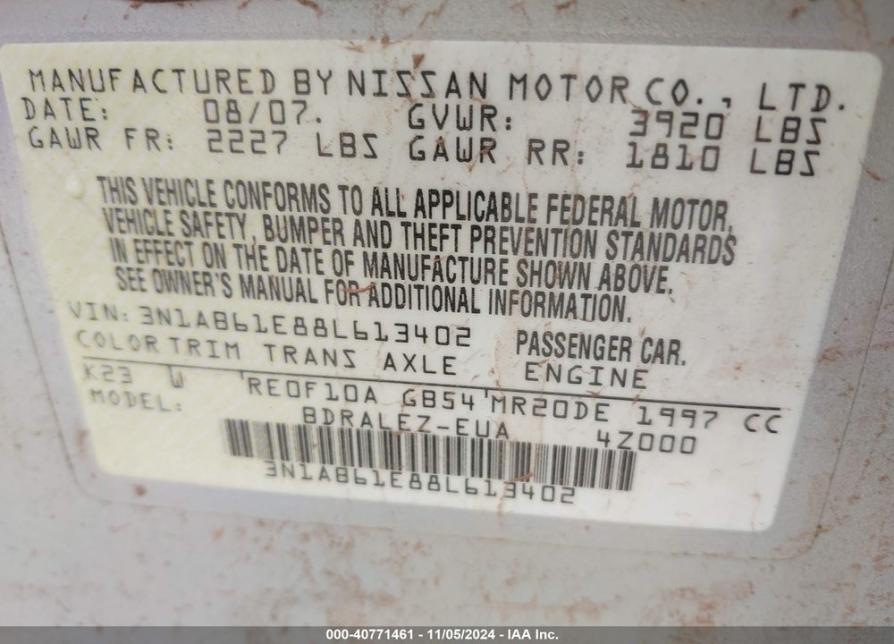 2008 NISSAN SENTRA 2.0S VIN: 3N1AB61E88L613402