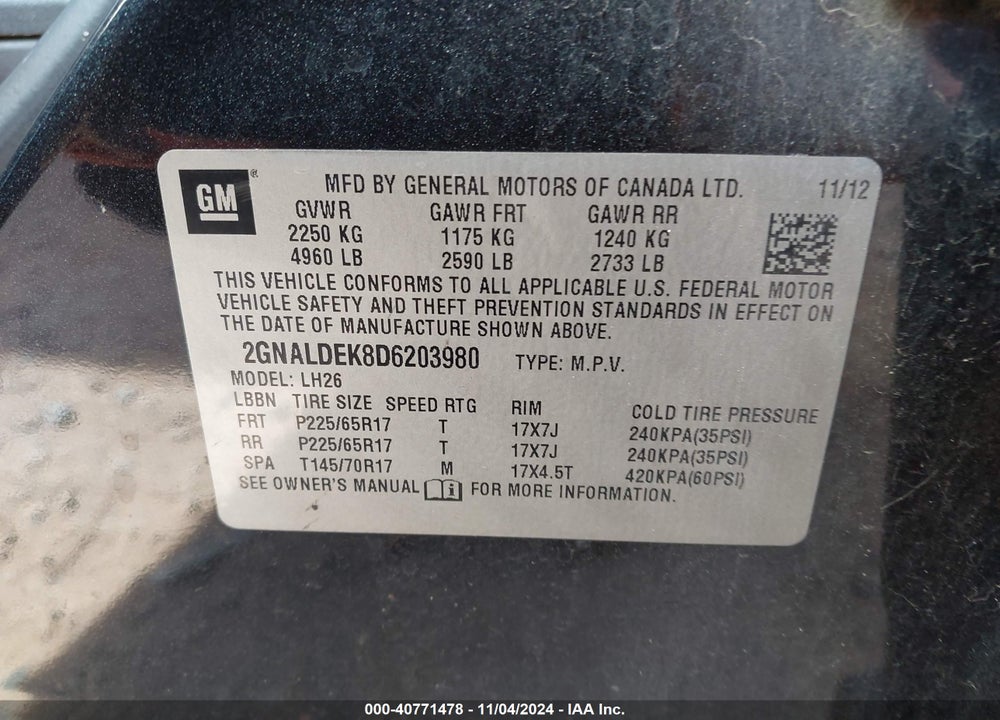 2013 CHEVROLET EQUINOX 1LT VIN: 2GNALDEK8D6203980