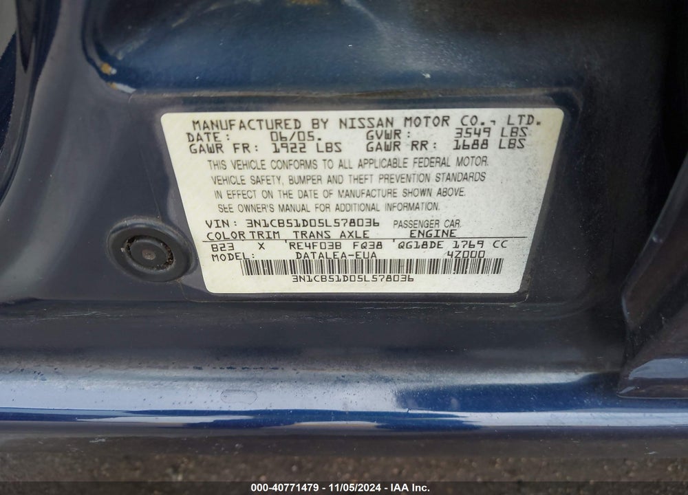 2005 NISSAN SENTRA 1.8S VIN: 3N1CB51D05L578036