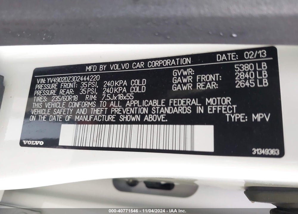 2013 VOLVO XC60 VIN: YV4902DZ3D2444220