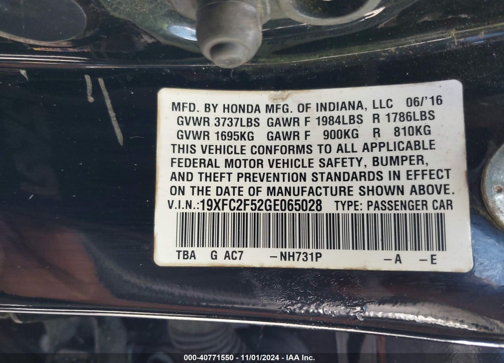 2016 HONDA CIVIC LX VIN: 19XFC2F52GE065028
