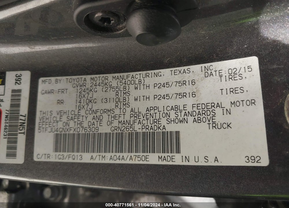 2015 TOYOTA TACOMA PRERUNNER V6 VIN: 5TFJU4GNXFX076309
