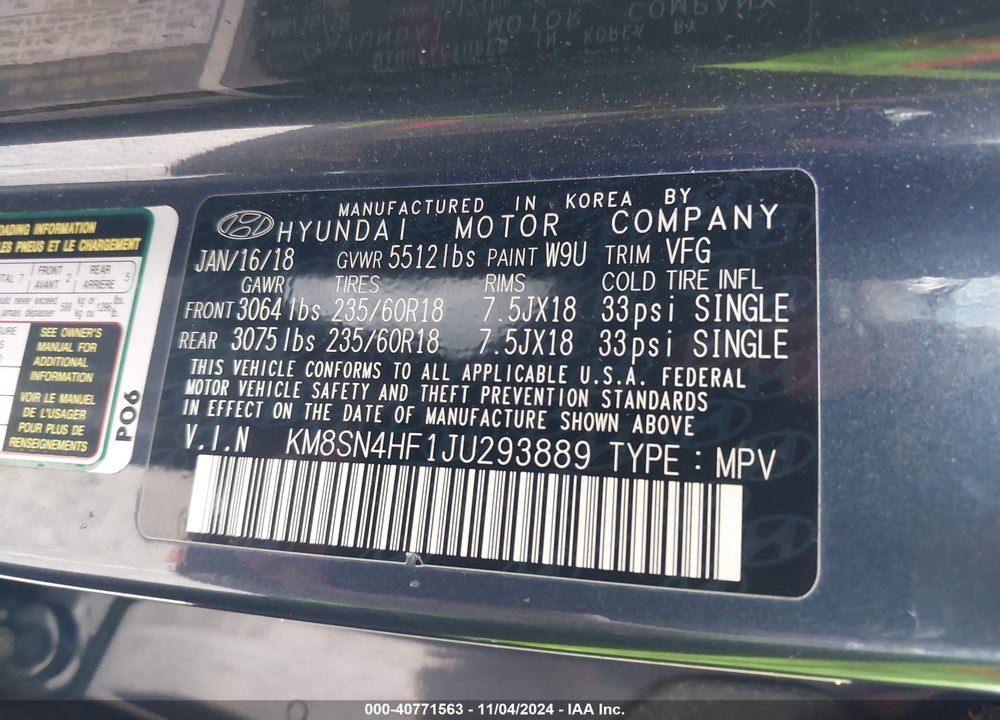 2018 HYUNDAI SANTA FE SE VIN: KM8SN4HF1JU293889