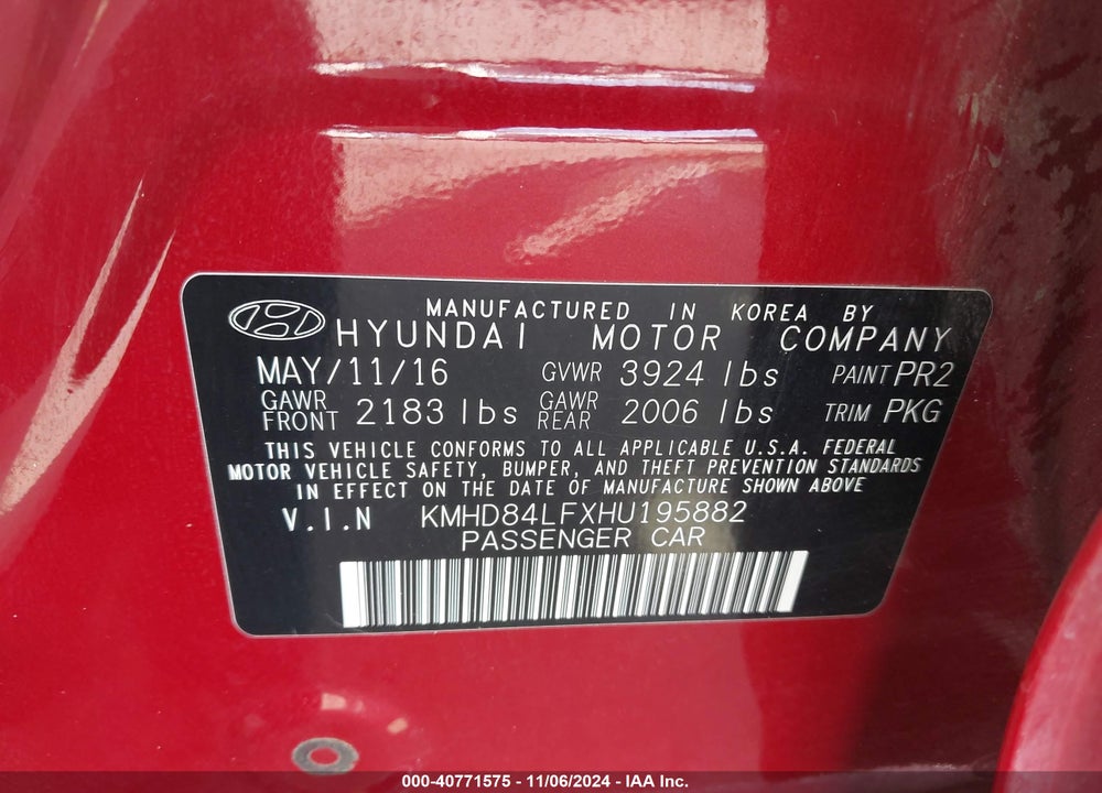 2017 HYUNDAI ELANTRA SE VIN: KMHD84LFXHU195882