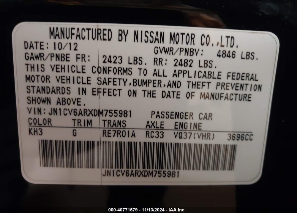 2013 INFINITI G37X VIN: JN1CV6ARXDM755981