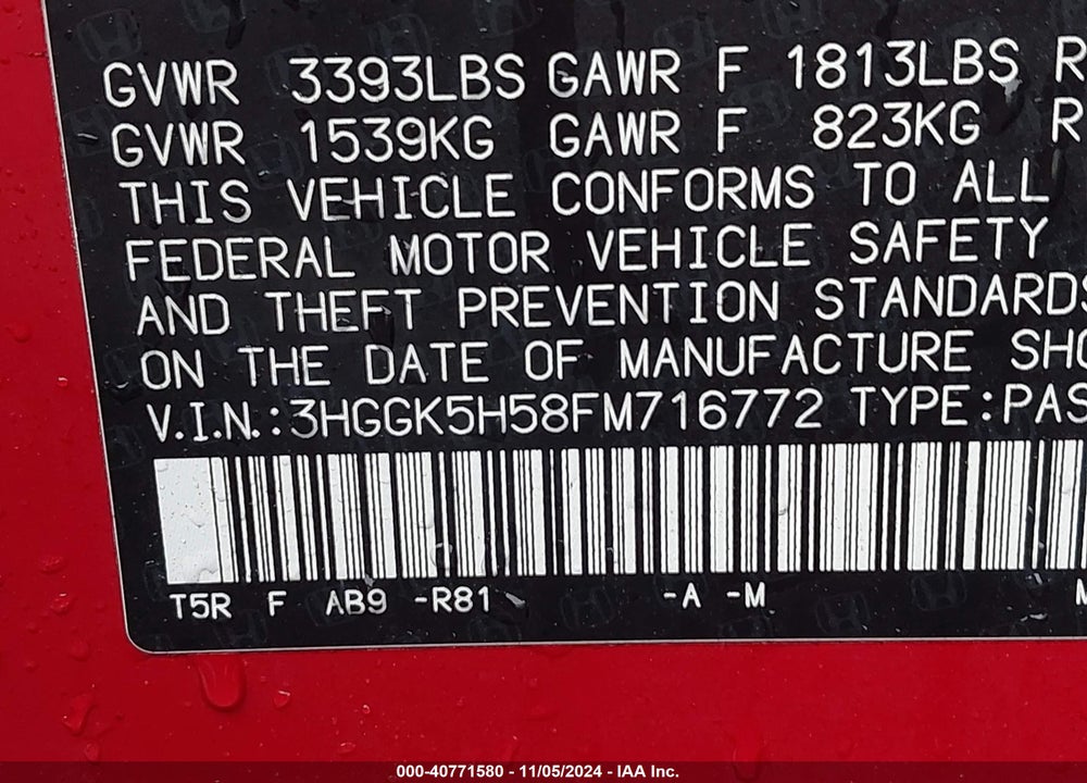 2015 HONDA FIT LX VIN: 3HGGK5H58FM716772