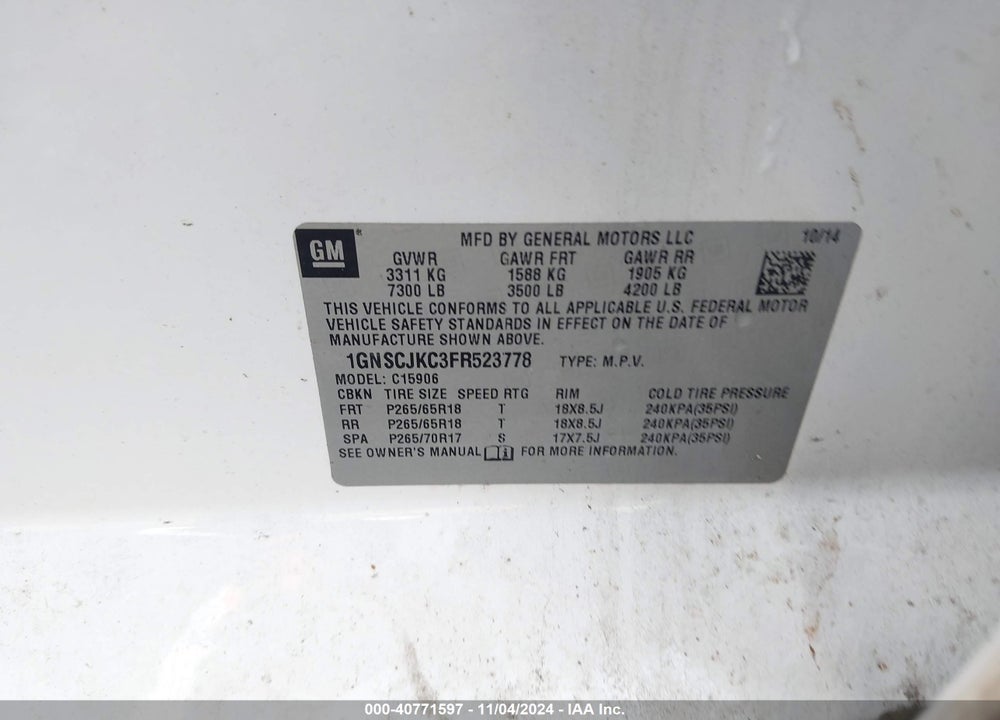 2015 CHEVROLET SUBURBAN 1500 LT VIN: 1GNSCJKC3FR523778