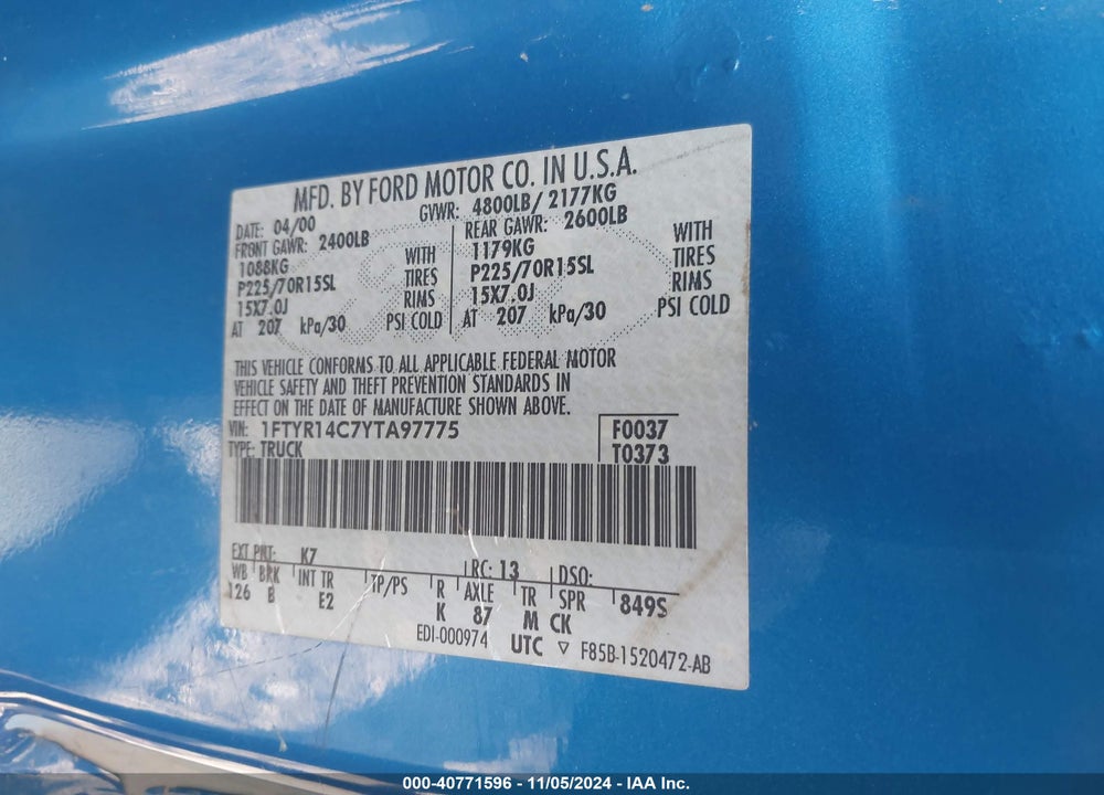 2000 FORD RANGER XL/XLT VIN: 1FTYR14C7YTA97775