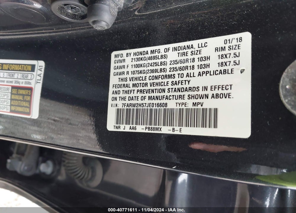 2018 HONDA CR-V EX VIN: 7FARW2H57JE016608