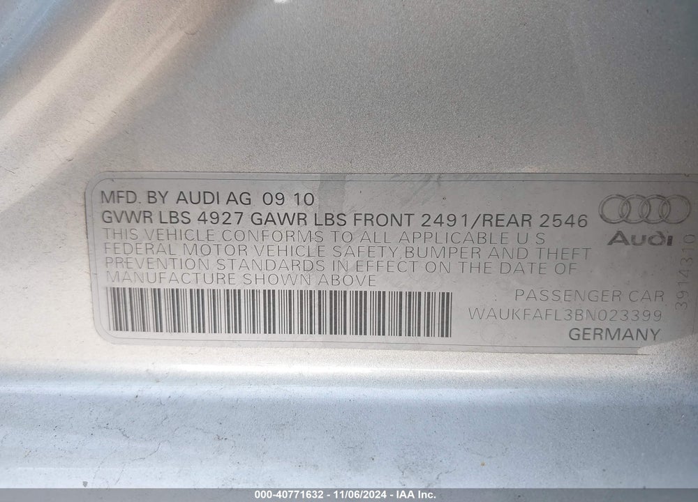 2011 AUDI A4 2.0T PREMIUM VIN: WAUKFAFL3BN023399