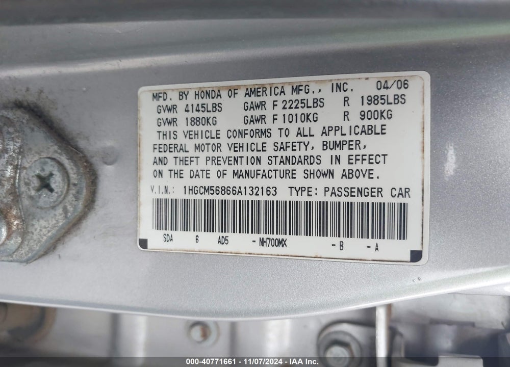 2006 HONDA ACCORD 2.4 EX VIN: 1HGCM56866A132163