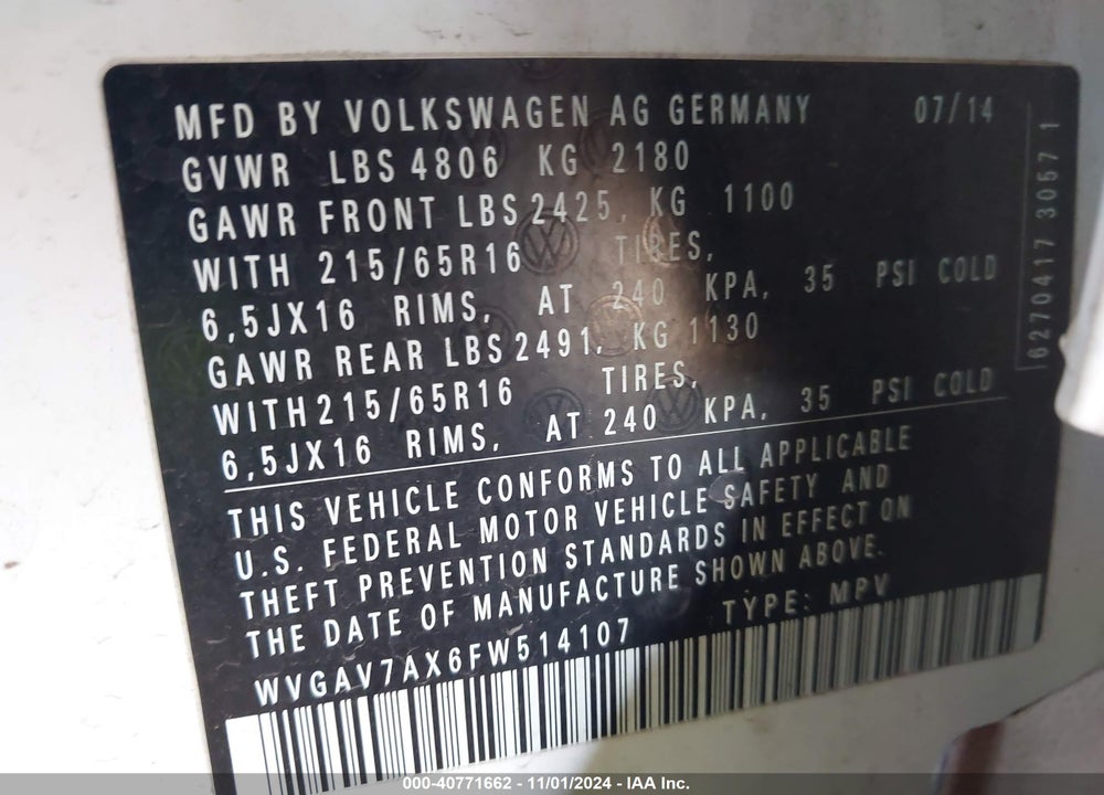 2015 VOLKSWAGEN TIGUAN S VIN: WVGAV7AX6FW514107