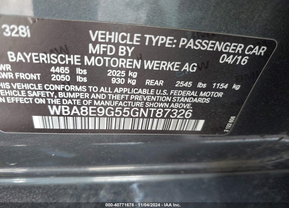2016 BMW 328I VIN: WBA8E9G55GNT87326