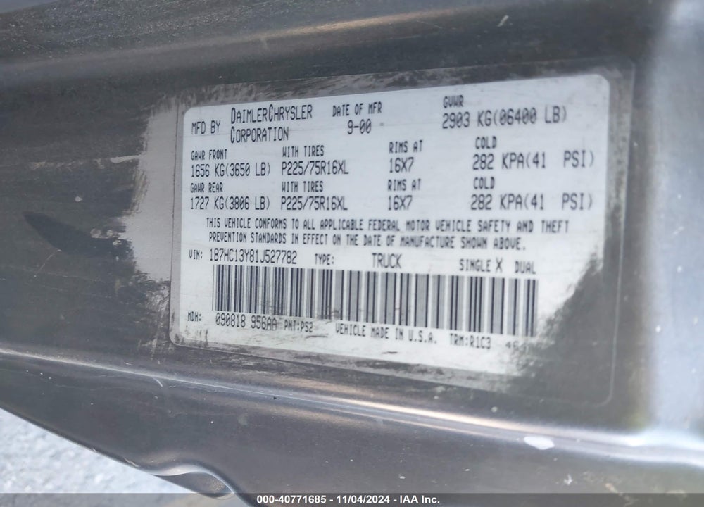 2001 DODGE RAM 1500 ST VIN: 1B7HC13Y81J527782