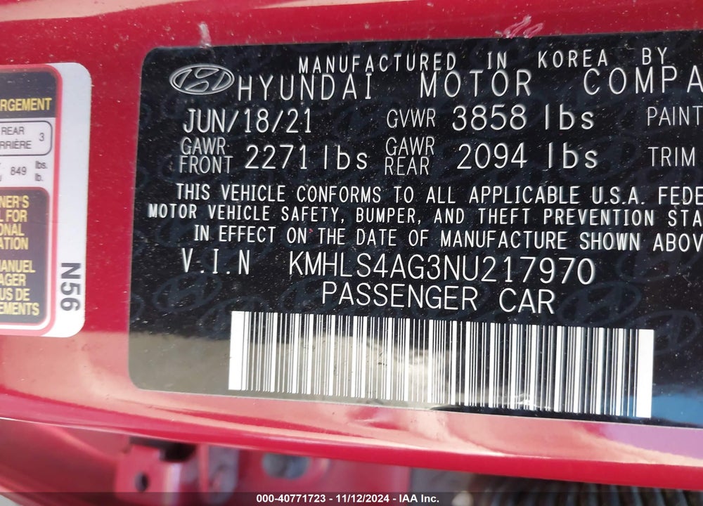 2022 HYUNDAI ELANTRA SEL VIN: KMHLS4AG3NU217970