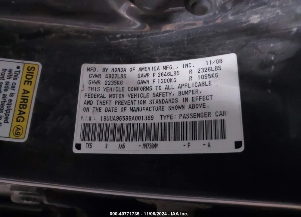 2009 ACURA TL 3.7 VIN: 19UUA96599A001369