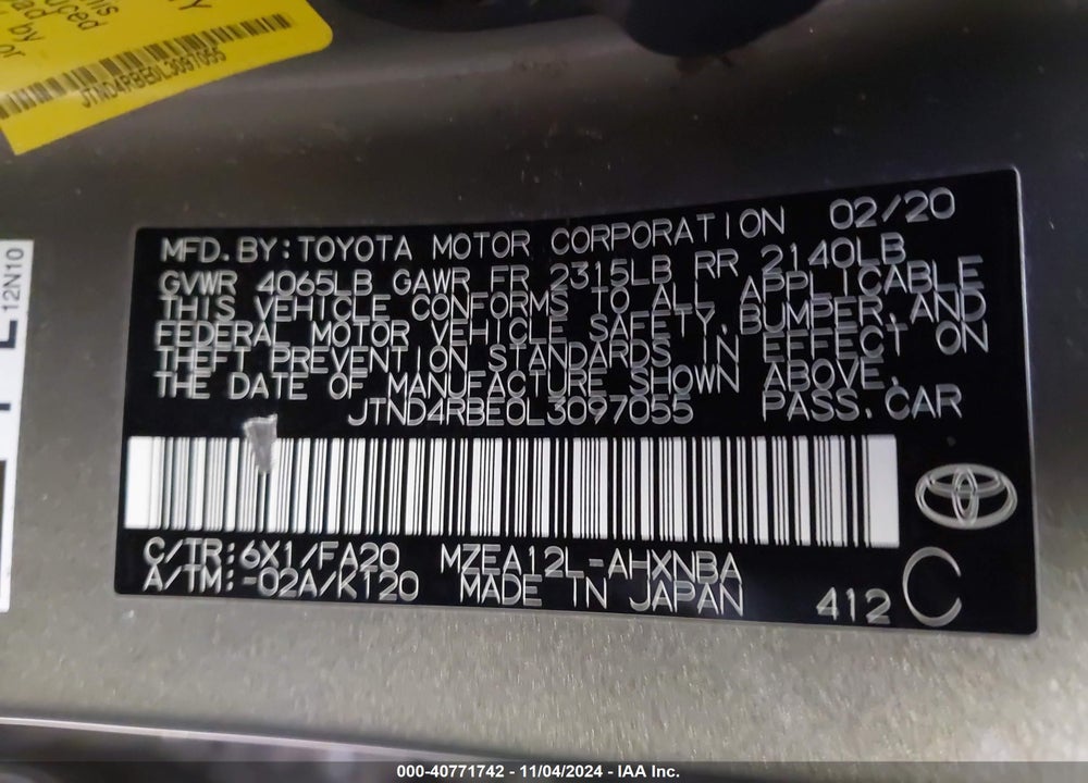 2020 TOYOTA COROLLA SE VIN: JTND4RBE0L3097055