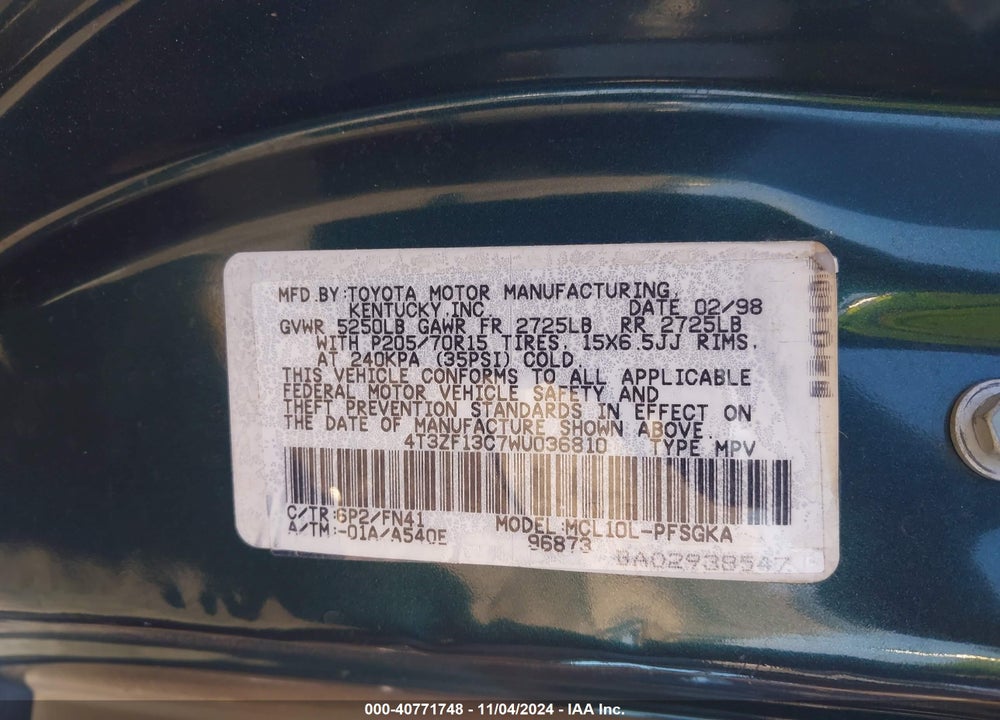 1998 TOYOTA SIENNA LE VIN: 4T3ZF13C7WU036810