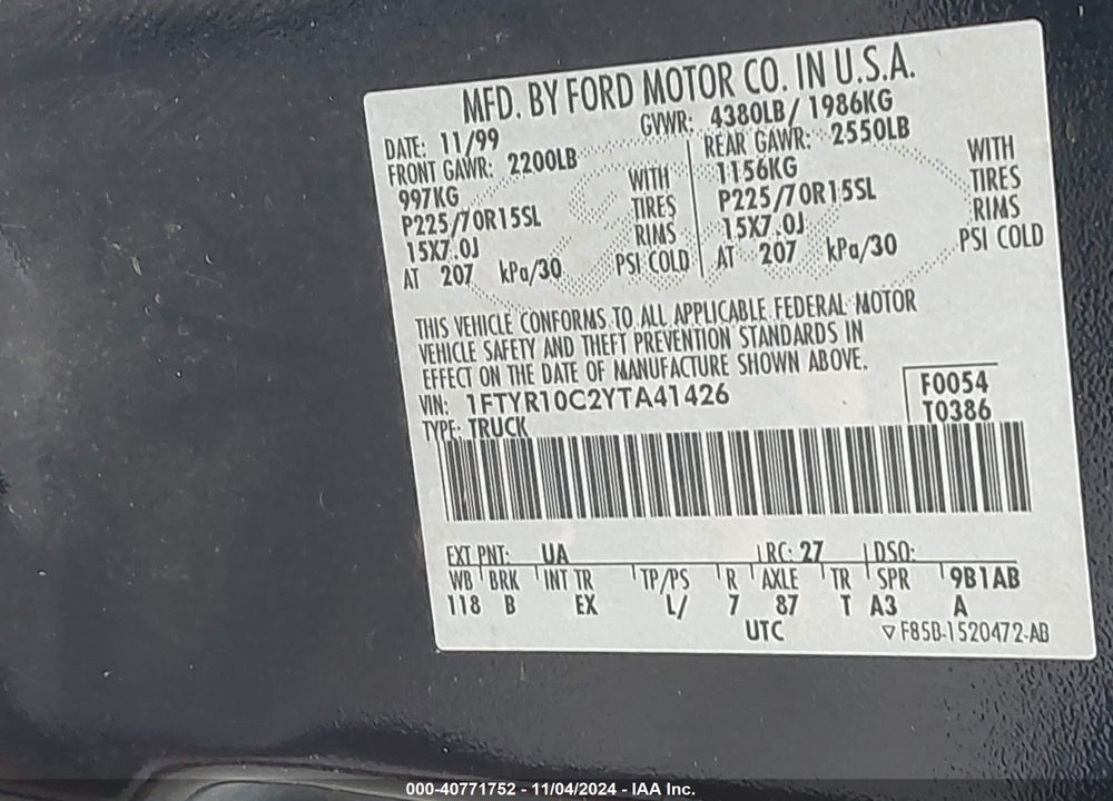 2000 FORD RANGER XL/XLT VIN: 1FTYR10C2YTA41426