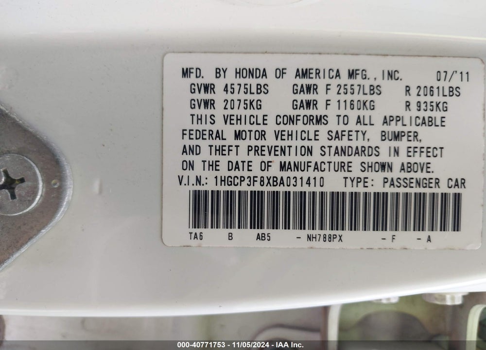 2011 HONDA ACCORD 3.5 EX-L VIN: 1HGCP3F8XBA031410