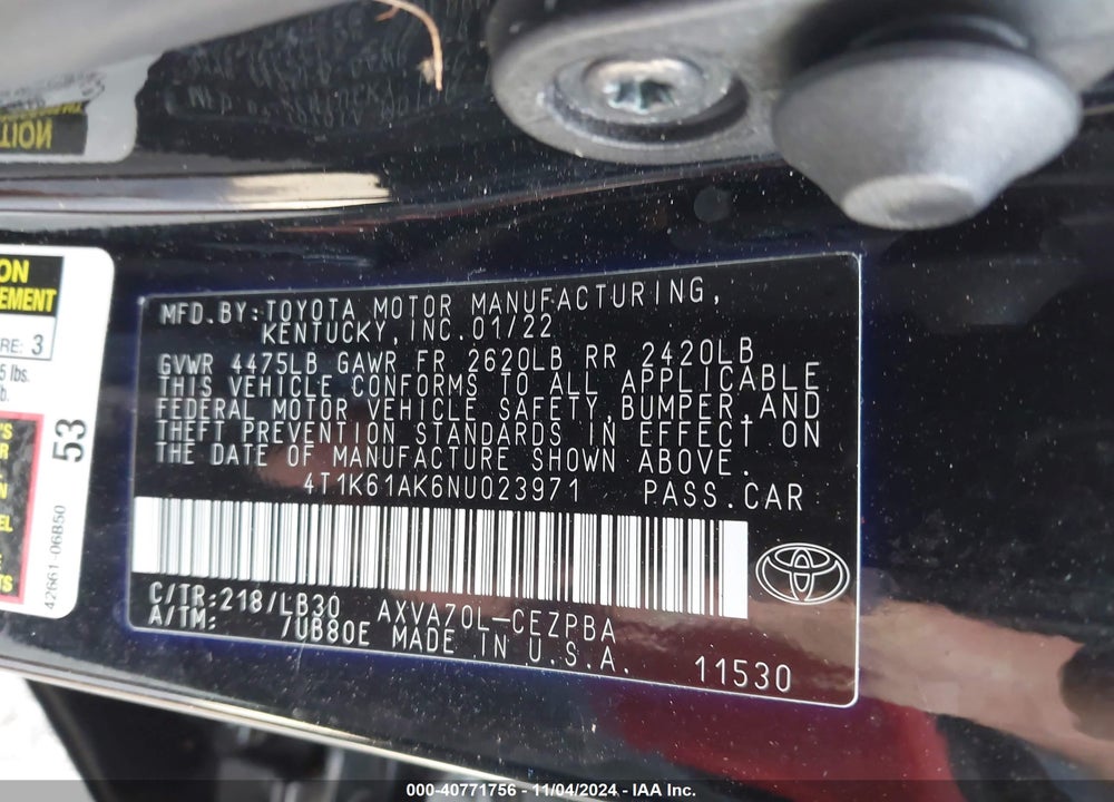 2022 TOYOTA CAMRY XSE VIN: 4T1K61AK6NU023971