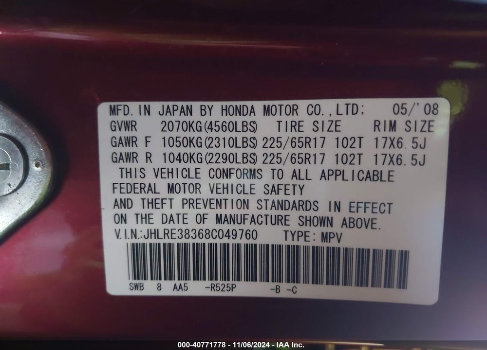 2008 HONDA CR-V LX VIN: JHLRE38368C049760
