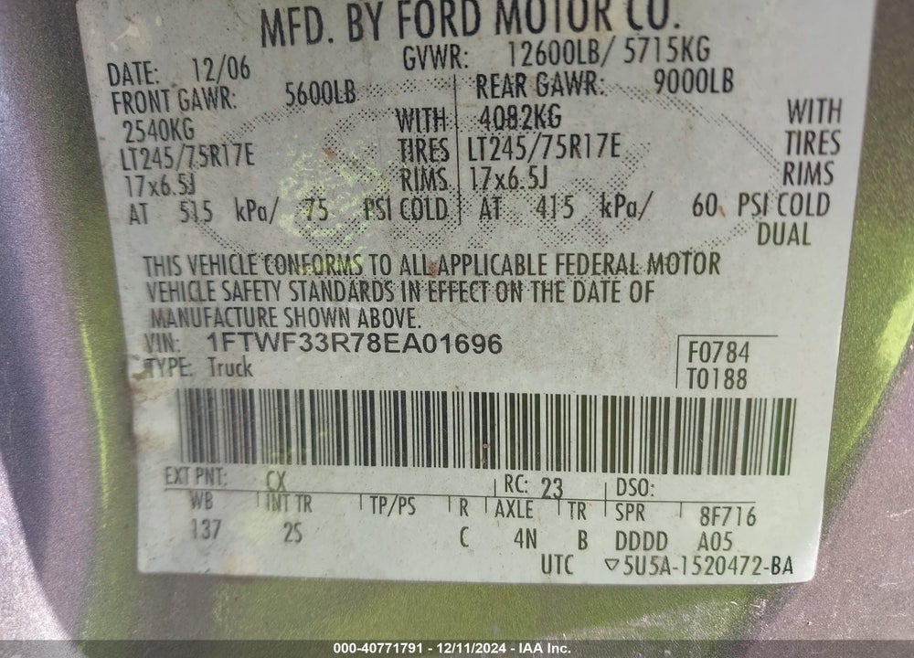 2008 FORD F-350 XL/XLT VIN: 1FTWF33R78EA01696