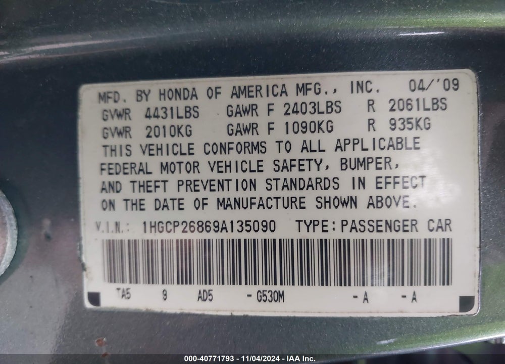 2009 HONDA ACCORD 2.4 EX-L VIN: 1HGCP26869A135090