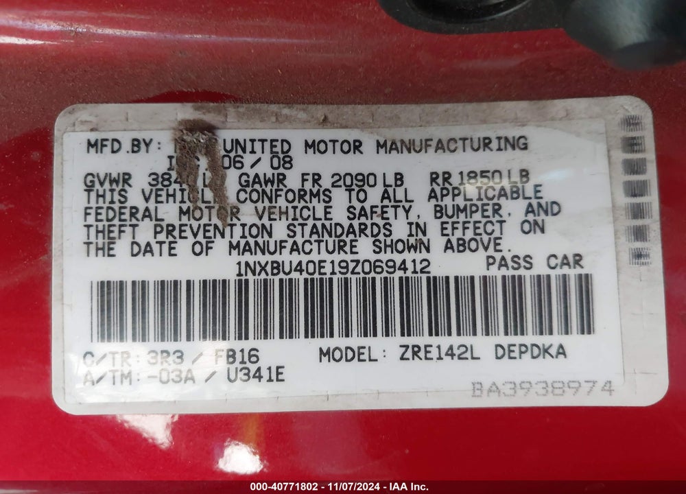 2009 TOYOTA COROLLA LE VIN: 1NXBU40E19Z069412