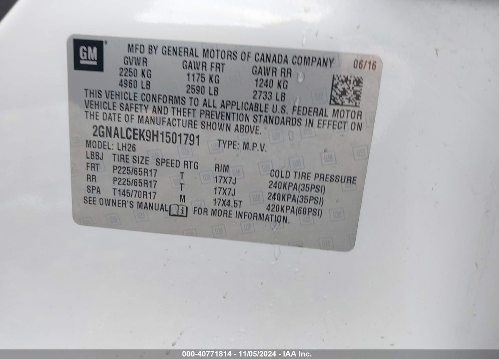 2017 CHEVROLET EQUINOX LT VIN: 2GNALCEK9H1501791
