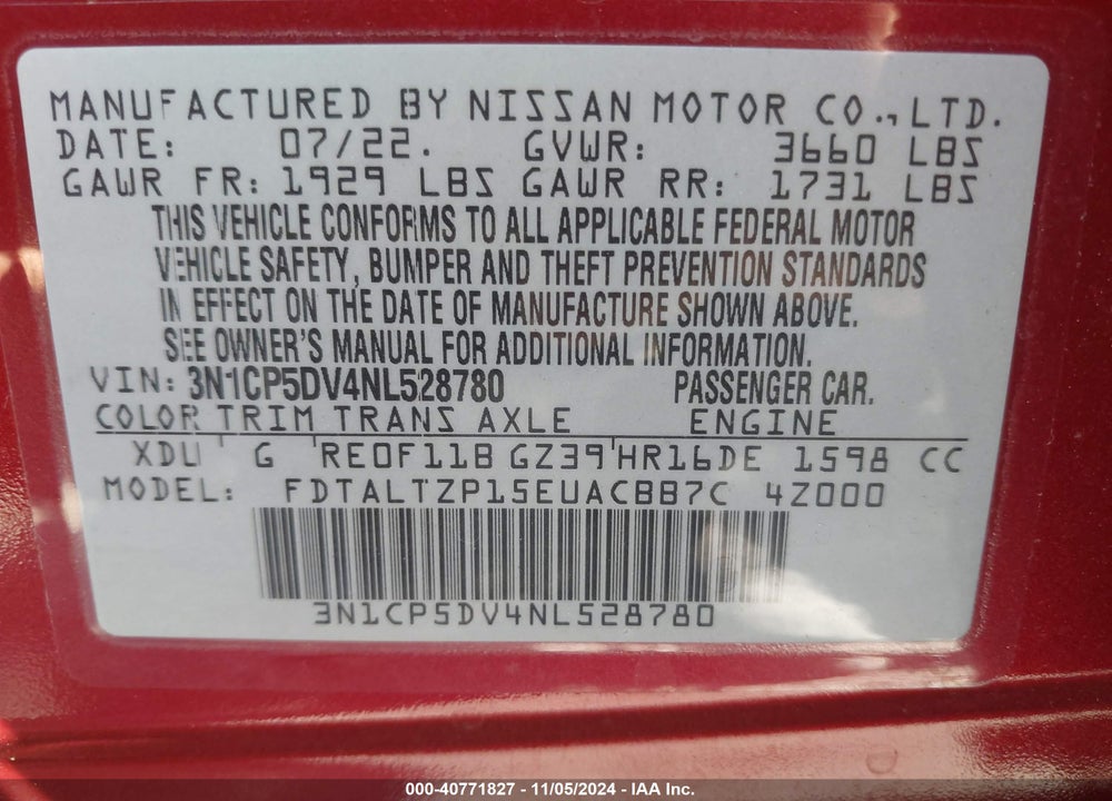 2022 NISSAN KICKS SR XTRONIC CVT VIN: 3N1CP5DV4NL528780
