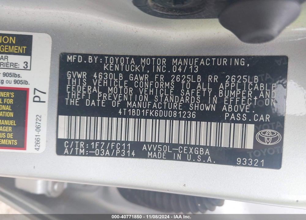 2013 TOYOTA CAMRY HYBRID XLE VIN: 4T1BD1FK6DU081236