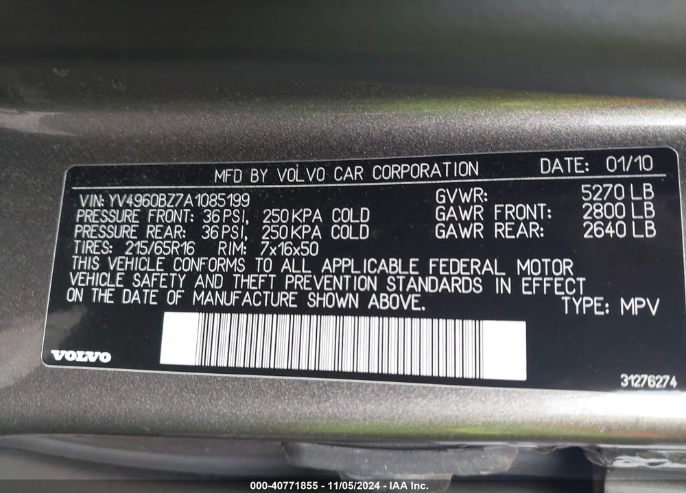 2010 VOLVO XC70 3.2 VIN: YV4960BZ7A1085199