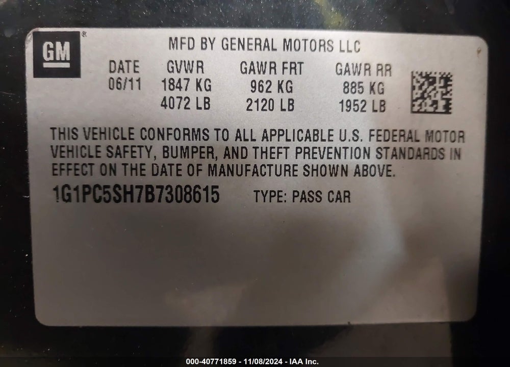 2011 CHEV CRUZE LS VIN: 1G1PC5SH7B7308615