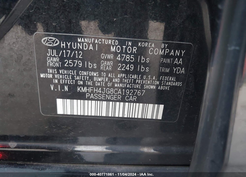 2012 HYUNDAI AZERA VIN: KMHFH4JG8CA192767