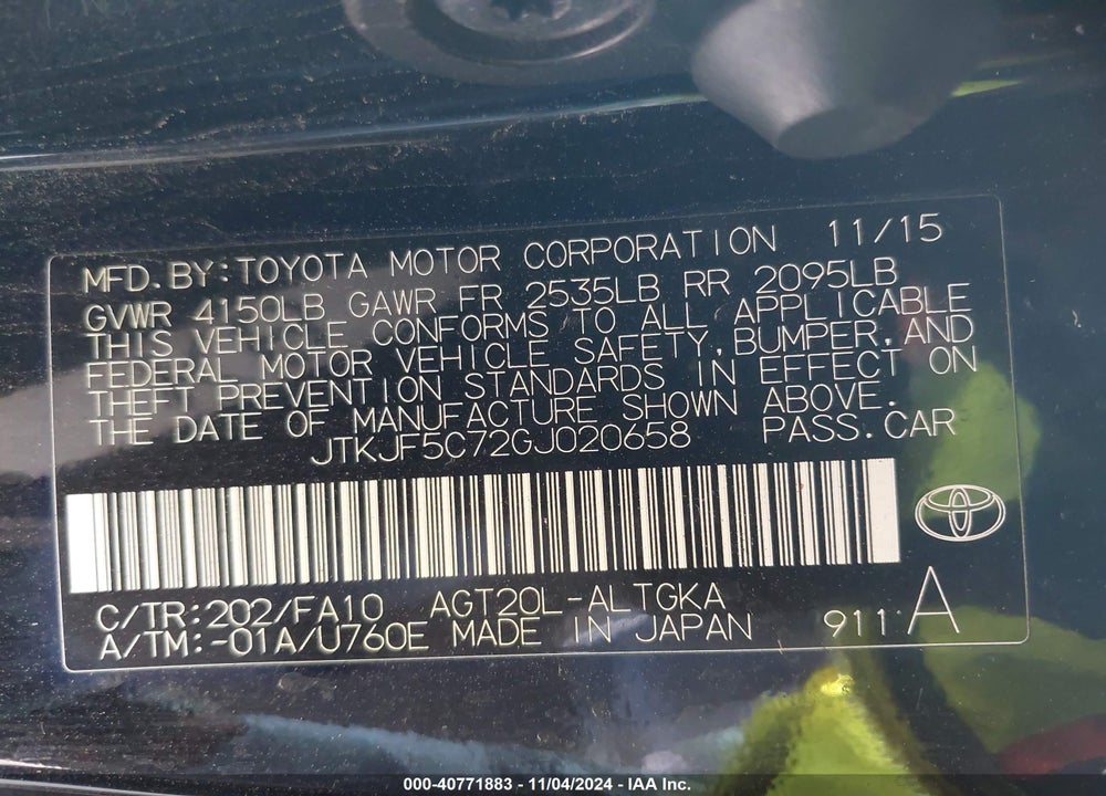 2016 SCION TC VIN: JTKJF5C72GJ020658