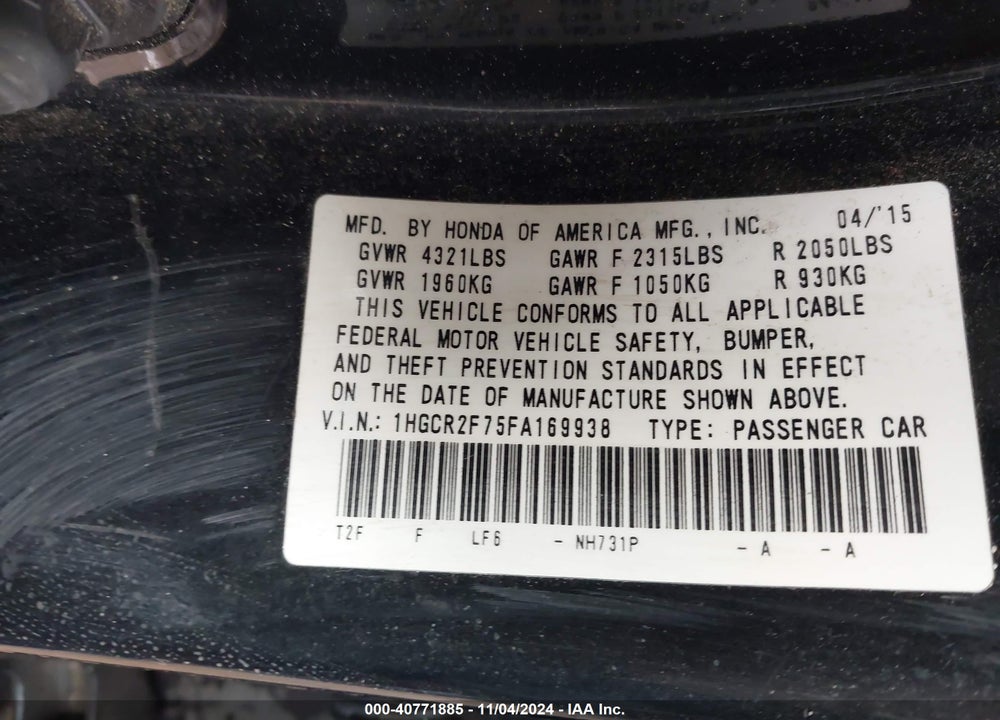 2015 HONDA ACCORD EX VIN: 1HGCR2F75FA169938