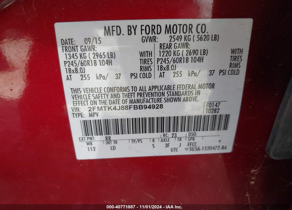 2015 FORD EDGE SEL VIN: 2FMTK4J88FBB94928