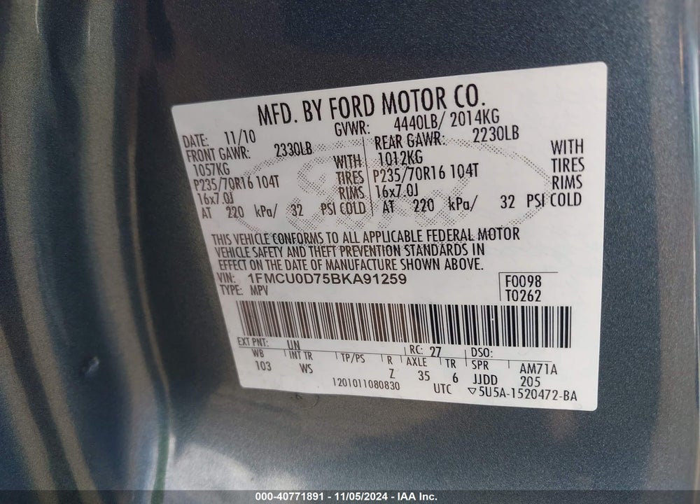 2011 FORD ESCAPE XLT VIN: 1FMCU0D75BKA91259