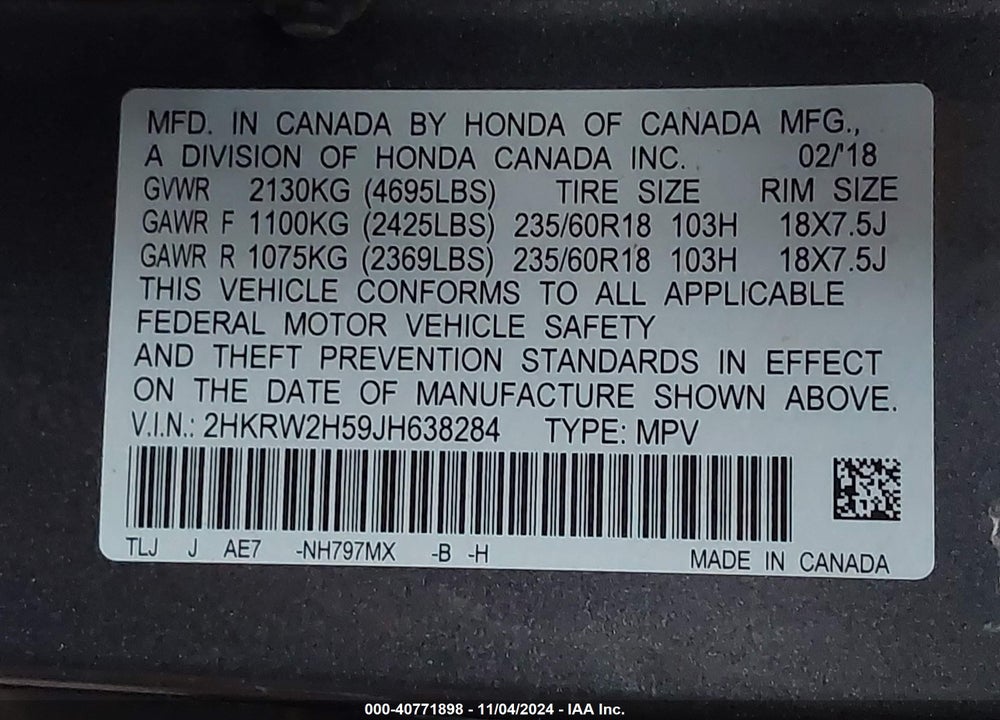 2018 HONDA CR-V EX VIN: 2HKRW2H59JH638284